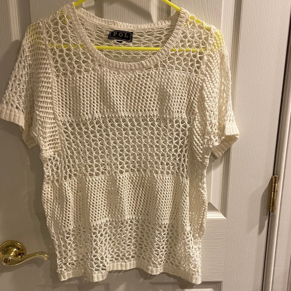 POL Cream Crochet Short Sleeve Knit Top